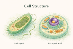 illustration showing comparison between prokaryotic and eukaryotic cell structure with visible organelles
