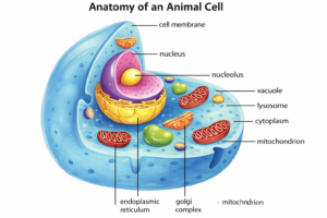 Labeled diagram of an animal cell showing nucleus, mitochondria, endoplasmic reticulum, Golgi apparatus, lysosome, vacuole, cytoplasm, and cell membrane